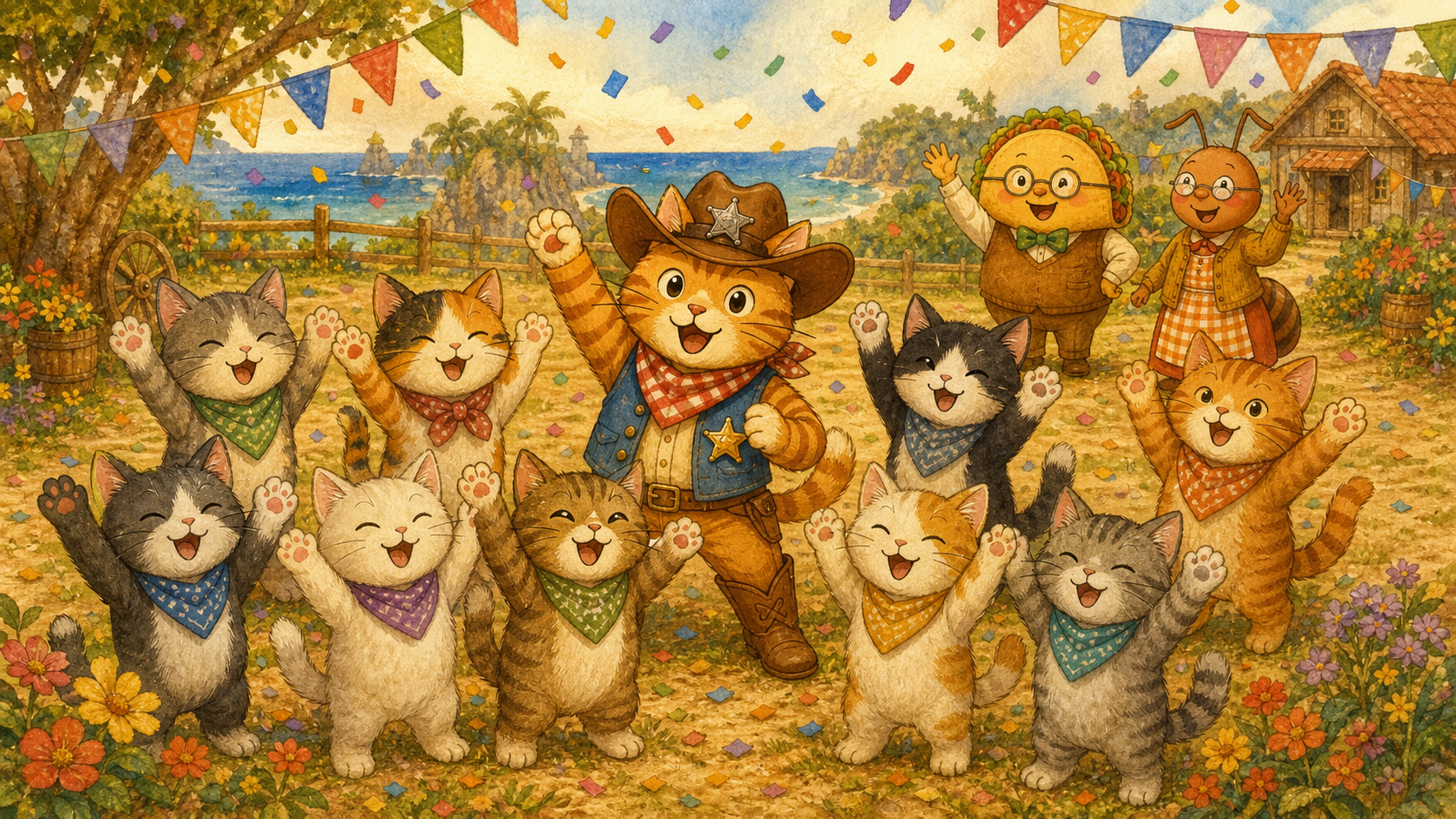 Ten happy cats