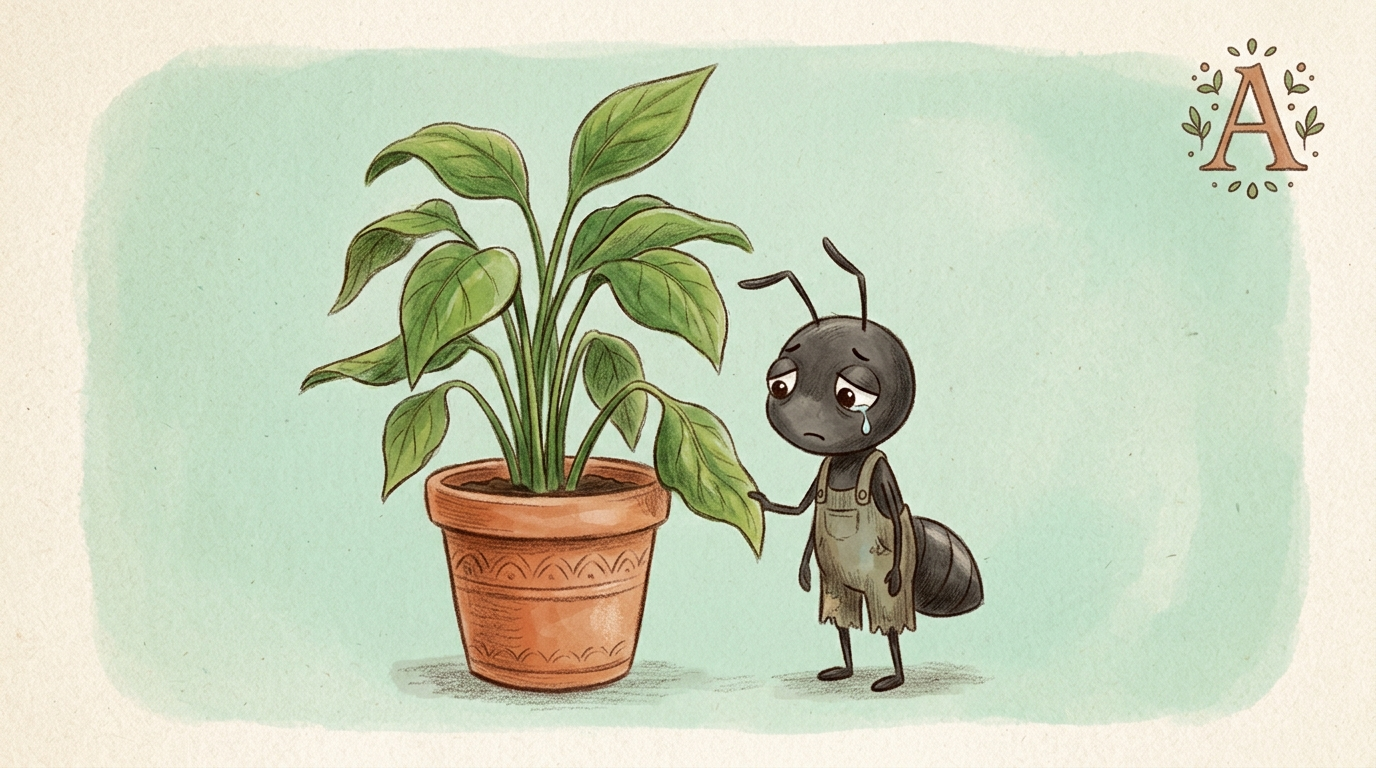 Sad ant at a plant