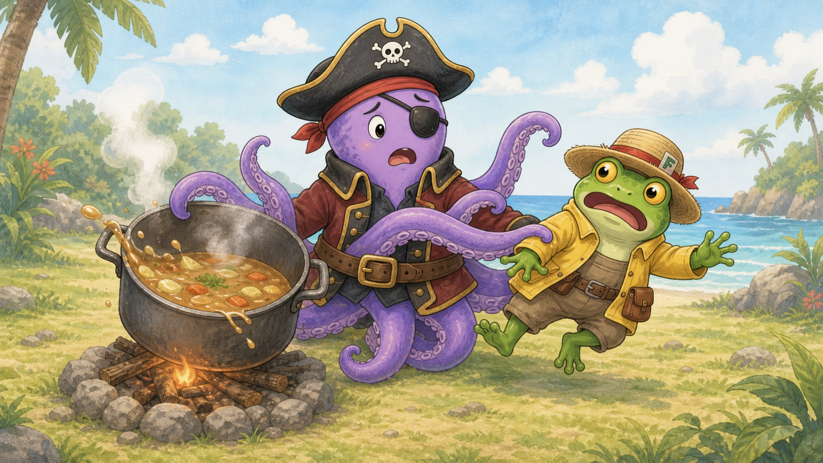 A frog by a hot pot